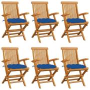 vidaXL Trädgårdsstolar med blåa dynor 6 st massiv teak
