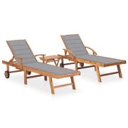 vidaXL Solsäng 2 st med bord och dyna massiv teak