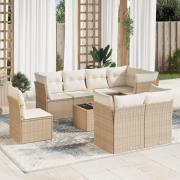 vidaXL Soffgrupp för trädgården med dynor 9 delar beige konstrotting