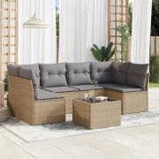 vidaXL Matgrupp för trädgården med dynor 7 delar beige konstrotting