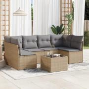 vidaXL Matgrupp för trädgården med dynor 7 delar beige konstrotting