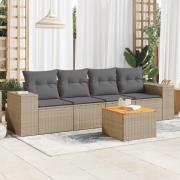 vidaXL Soffgrupp för trädgården med dynor 5 delar beige konstrotting