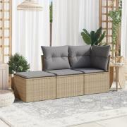 vidaXL Soffgrupp för trädgården 3 delar med dynor beige konstrotting