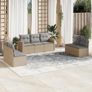 vidaXL Matgrupp för trädgården med dynor 7 delar beige konstrotting