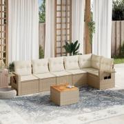vidaXL Matgrupp för trädgården med dynor 7 delar beige konstrotting