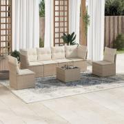 vidaXL Matgrupp för trädgården med dynor 7 delar beige konstrotting