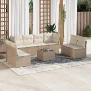 vidaXL Soffgrupp för trädgården med dynor 9 delar beige konstrotting