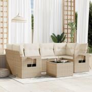vidaXL Matgrupp för trädgården med dynor 7 delar beige konstrotting