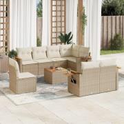 vidaXL Soffgrupp för trädgården med dynor 9 delar beige konstrotting
