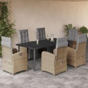 vidaXL Matgrupp för trädgården med dynor 7 delar beige konstrotting