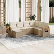 vidaXL Matgrupp för trädgården med dynor 7 delar beige konstrotting