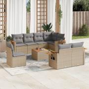 vidaXL Soffgrupp för trädgården med dynor 9 delar beige konstrotting