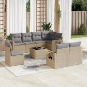 vidaXL Soffgrupp för trädgården med dynor 9 delar beige konstrotting