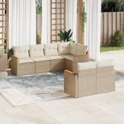 vidaXL Matgrupp för trädgården med dynor 7 delar beige konstrotting