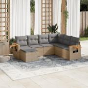 vidaXL Matgrupp för trädgården med dynor 7 delar beige konstrotting
