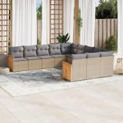 vidaXL Loungegrupp för trädgården m. dynor 11 delar beige konstrotting