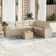 vidaXL Matgrupp för trädgården med dynor 7 delar beige konstrotting