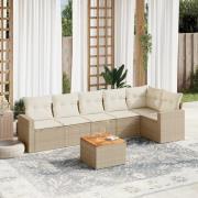 vidaXL Matgrupp för trädgården med dynor 7 delar beige konstrotting