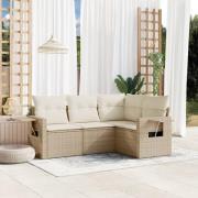 vidaXL Soffgrupp för trädgård med dynor 4 delar beige konstrotting