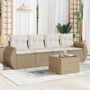 vidaXL Soffgrupp för trädgården med dynor 5 delar beige konstrotting