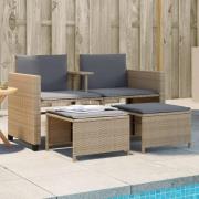 vidaXL Trädgårdssoffa 2-sits med bord och pallar beige konstrotting