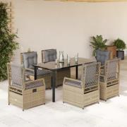 vidaXL Matgrupp för trädgården med dynor 7 delar beige konstrotting