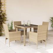 vidaXL Matgrupp för trädgård med dynor 5 delar beige konstrotting&glas