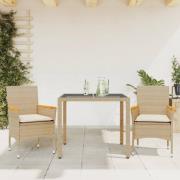 vidaXL Matgrupp för trädgård med dynor 3 delar beige konstrotting&glas