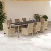 vidaXL Matgrupp för trädgård med dynor 9 delar beige konstrotting&glas