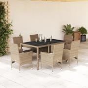 vidaXL Matgrupp för trädgård med dynor 7 delar beige konstrotting&glas