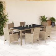 vidaXL Matgrupp för trädgård med dynor 7 delar beige konstrotting&glas