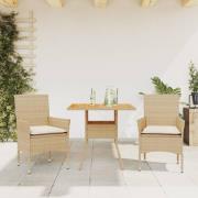 vidaXL Matgrupp för trädgården 3 delar med dynor beige konstrotting