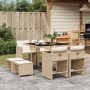 vidaXL Matgrupp för trädgården med dynor 9 delar beige konstrotting
