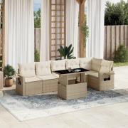 vidaXL Matgrupp för trädgården med dynor 7 delar beige konstrotting