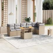 vidaXL Matgrupp för trädgården med dynor 7 delar beige konstrotting