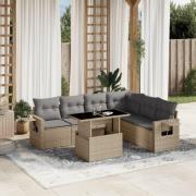 vidaXL Matgrupp för trädgården med dynor 7 delar beige konstrotting