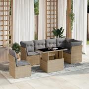 vidaXL Matgrupp för trädgården med dynor 7 delar beige konstrotting