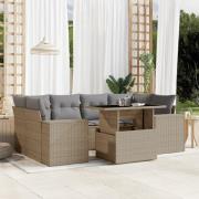 vidaXL Matgrupp för trädgården med dynor 7 delar beige konstrotting