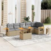 vidaXL Matgrupp för trädgården med dynor 7 delar beige konstrotting