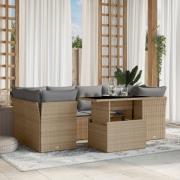 vidaXL Matgrupp för trädgården med dynor 7 delar beige konstrotting