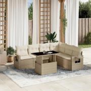 vidaXL Matgrupp för trädgården med dynor 7 delar beige konstrotting