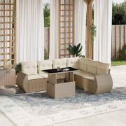 vidaXL Matgrupp för trädgården med dynor 7 delar beige konstrotting