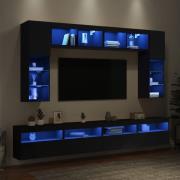 vidaXL Väggmonterade tv-skåp 8 delar med LEDs svart