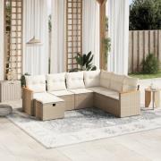 vidaXL Matgrupp för trädgården med dynor 7 delar beige konstrotting