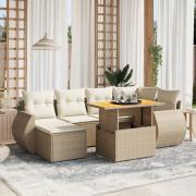 vidaXL Matgrupp för trädgården med dynor 7 delar beige konstrotting