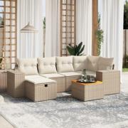 vidaXL Matgrupp för trädgården med dynor 7 delar beige konstrotting