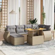 vidaXL Matgrupp för trädgården med dynor 7 delar beige konstrotting