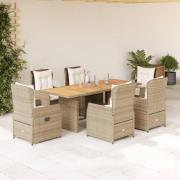 vidaXL Matgrupp för trädgården med dynor 7 delar beige konstrotting