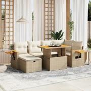 vidaXL Matgrupp för trädgården med dynor 7 delar beige konstrotting