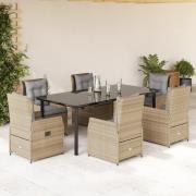 vidaXL Matgrupp för trädgården med dynor 7 delar beige konstrotting